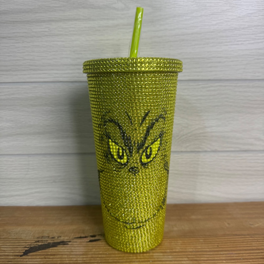 NWOT Grinch BLING Sparkle Bedazzled Rhinestone Green Travel Tumbler Cup